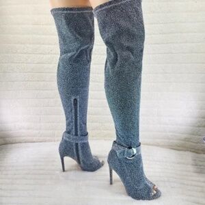 Glamour Chic Silver Metallic Thread Stretch Over The Knee 4" High Heel Boots